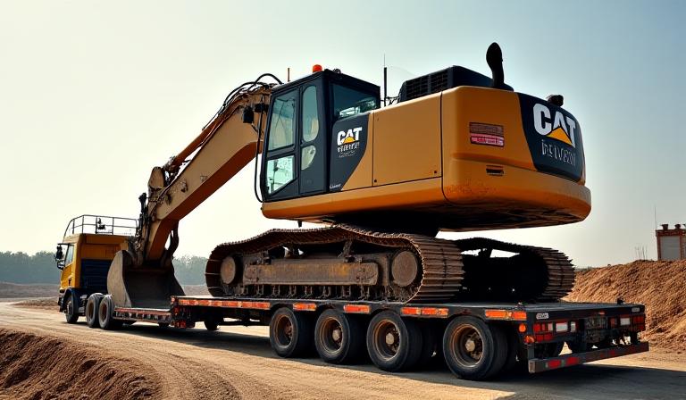Heavy excavator loaded on lowboy trailer for construction site delivery in Georgia