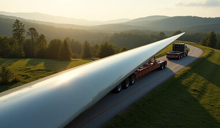 Wind turbine blade being transported on specialized flatbed truck through Georgia countryside